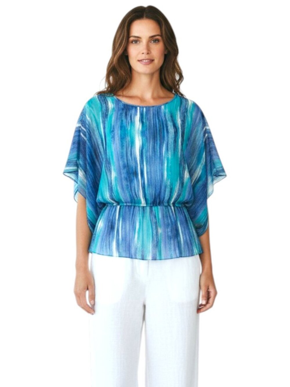 Elliott Lauren Sheer Blue \Vertical Stripe Dolman‎ Sleeve Blouse